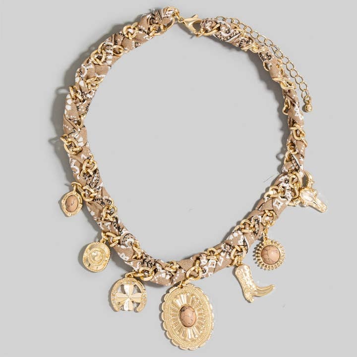 The Looks by Fame Accessories - Wholesale Pendant/Charm Necklace - Western Stone Set Concho Charms Paisley Bandana And Chain Braided Necklace1