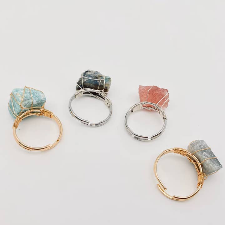 Mio Queena - Wholesale Cocktail/Statement Ring - Natural Irregular Rough Stone Wound Copper Wire Ring22