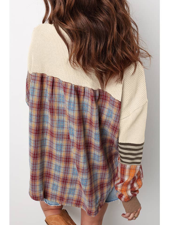 PRETTY BASH - Wholesale Knit Top - Women's - Stripe Plaid Patchwork Waffle Knit Henley Top1