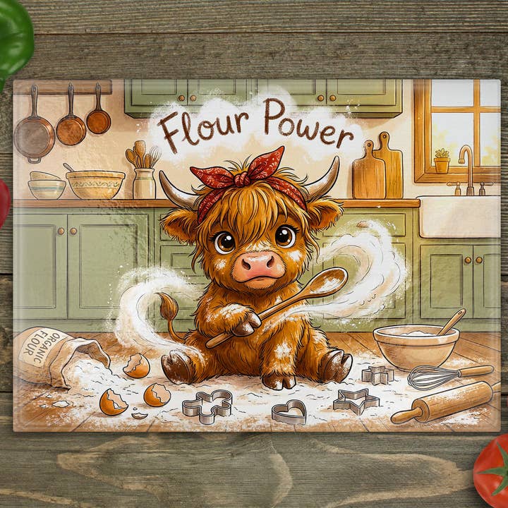 Highland Cow Flour Glass Cutting Board for wholesale by Beautiful Creations by Laney