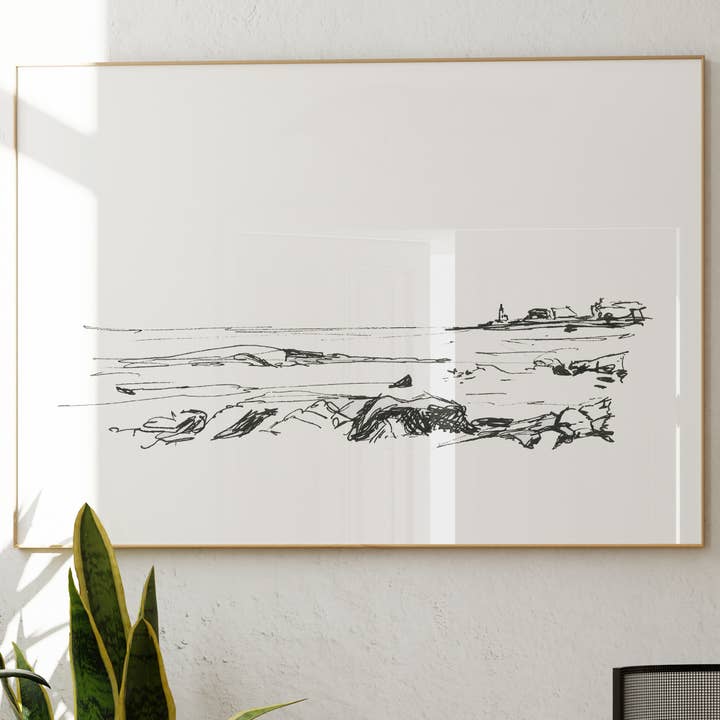 Coastline with Lighthouse, Line Drawing Print, Framed Art for wholesale by Green Barn Studio