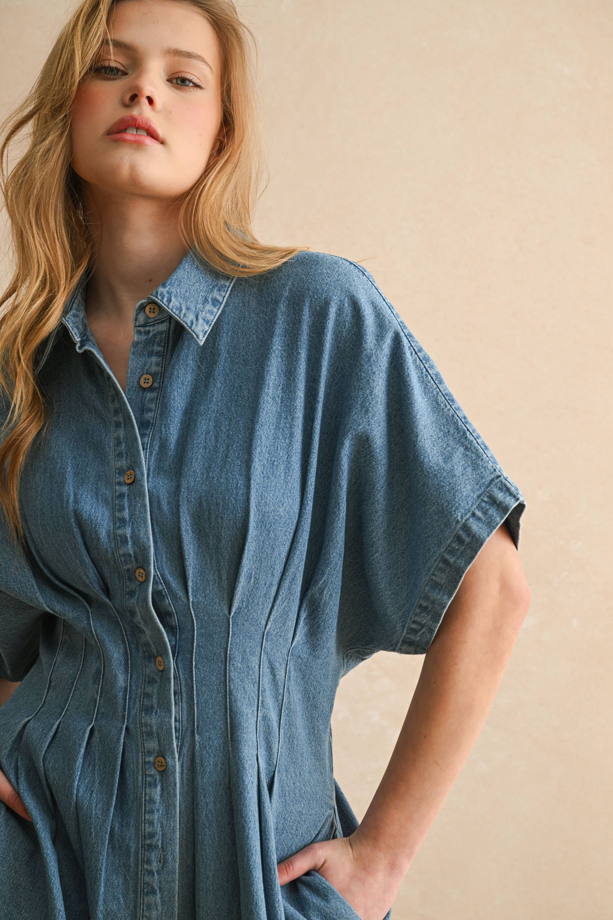 JU5542   CHAMBRAY DENIM BUTTON DOWN JUMPSUIT for wholesale on Faire4