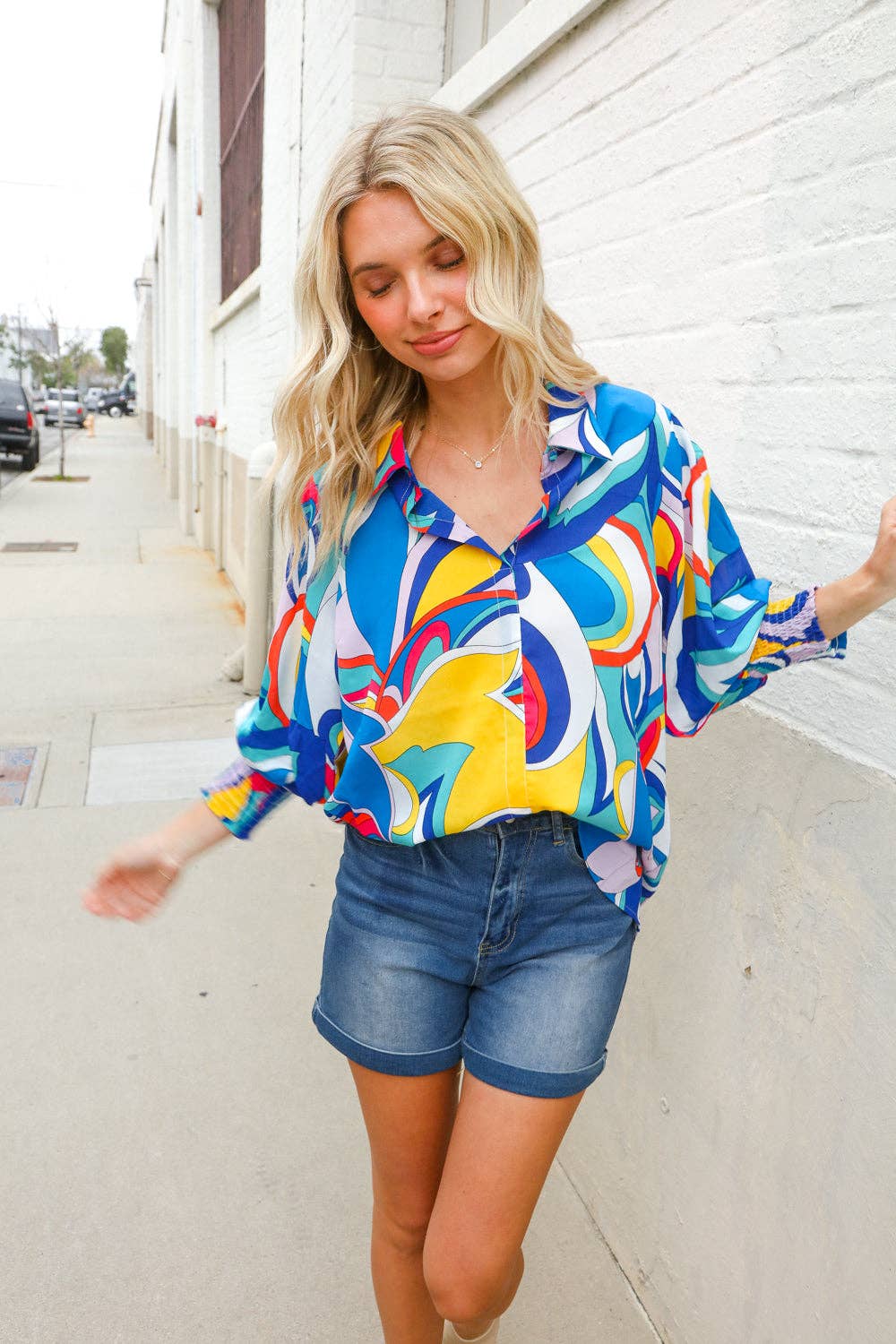 Promenade – Engroshandel Skjorte med buttondown – til kvinder – Bedst i Fed Abstrakt Print Knap-Ned Smock Ærme Top (Åben Pakke)14