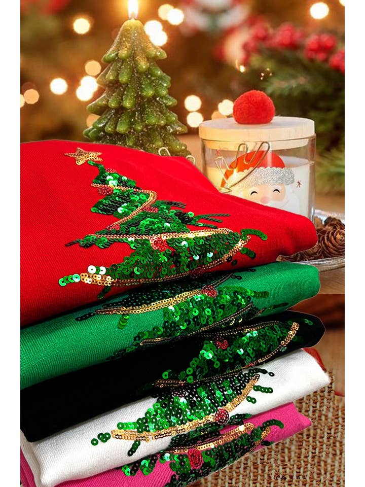 Vine & Love - Wholesale Knit Sweater - Women's - Christmas Tree Sequin Detail Knit Sweater Top VT81484G
