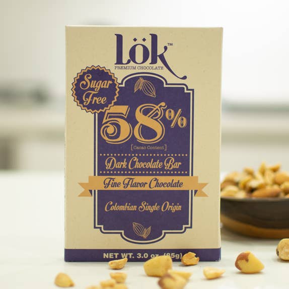 58% Cacao Colombian Origin Sugar Free Dark Chocolate Bar for wholesale by Lök Foods