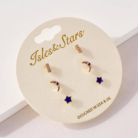 StarryNYC – wholesale Jewellery set – 3 Pairs Stud Earrings Stone/Moon/Star in a card0