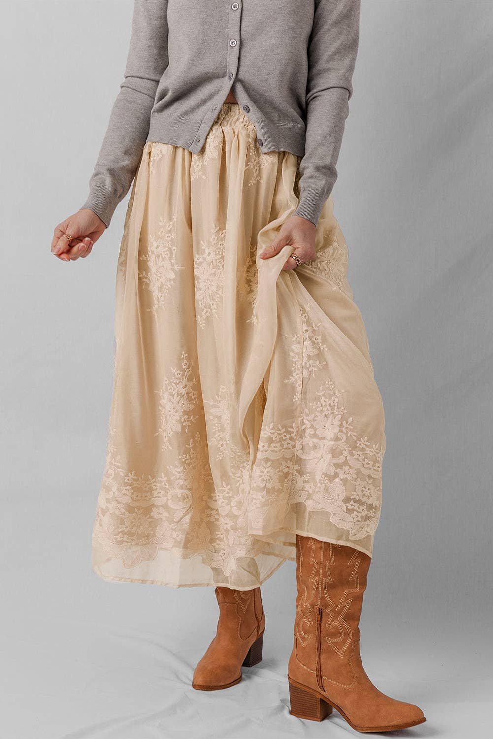 Oatmeal Embroidered Mesh Overlay Flowy Long Skirt for wholesale on Faire5