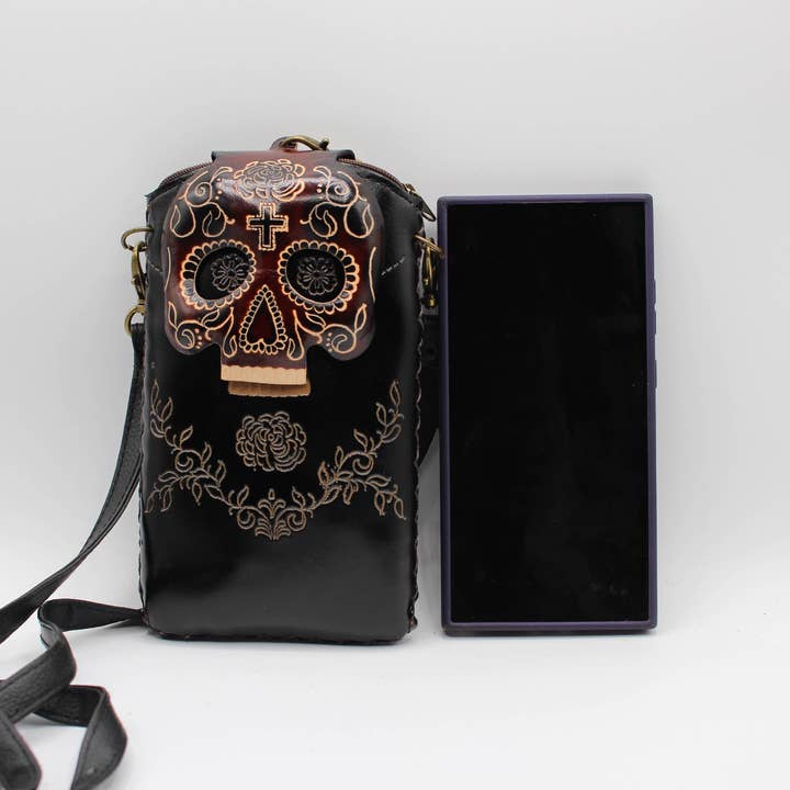 Sunflower Handmade leather inc - Wholesale Phone wallet – women's - Handmade leather cell phone holder sugar skull day of dead1
