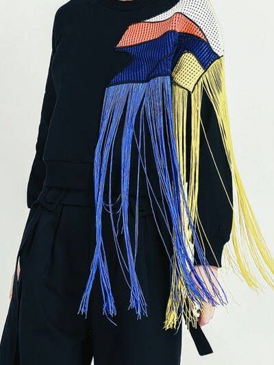Black Fringe Contrast Round Neck Sweatshirt for wholesale on Faire