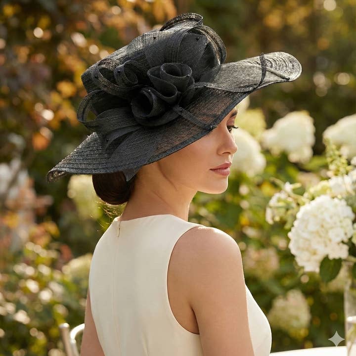 2002-4 - Elegant Wide-Brim Dress Hat with Floral Mesh bow for wholesale by Maspros