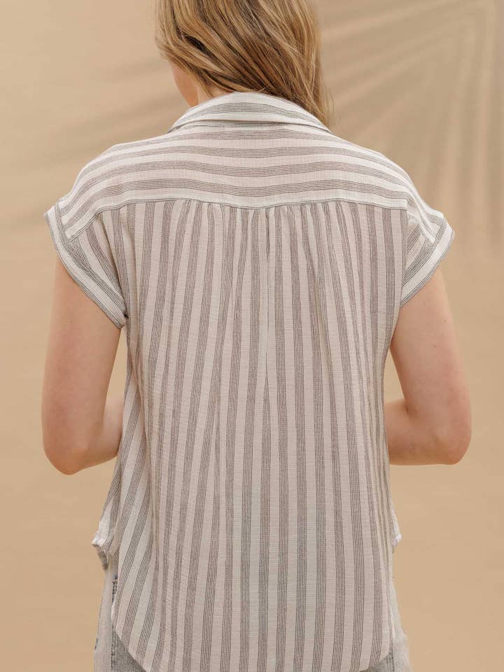 Blu Pepper - Wholesale Blouse - Women's - STRIPE COLLARED CUFF SLEEVE LIGHTWEIGHT SHIRT
