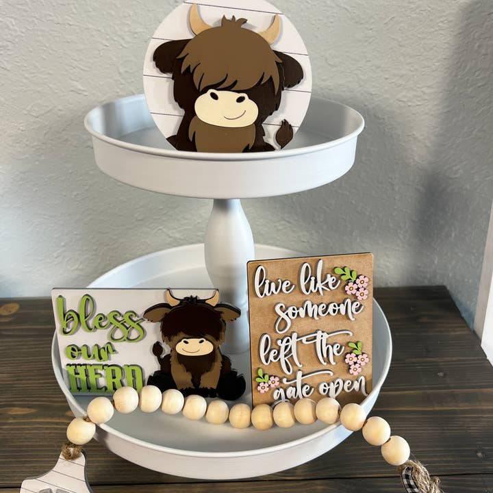Highland Cow tier tray signs for wholesale by Thompsons Handmade Country LLC