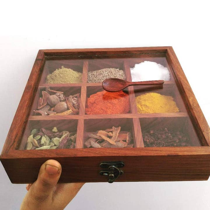 Keeraft - Wholesale Spice Rack - Antique Wooden Spice Box Glass Lid Home Decor8
