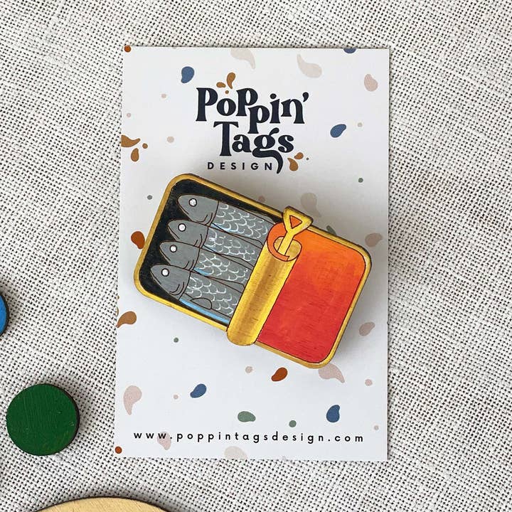 Wooden brooch: Sardines in Box for wholesale by Poppin' Tags Design
