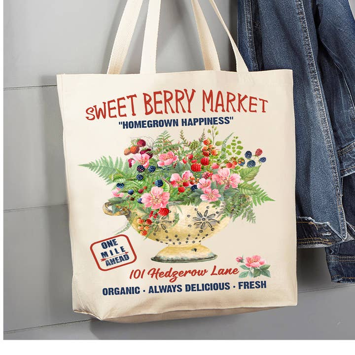 Farmhouse Sweet Blueberry Raspberry Canvas Tote Bag for wholesale by Avery Lane Gifts