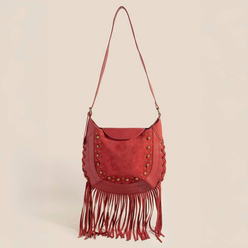 Anarchy Street - Wholesale Shoulder Bag - Women's - Rivet Trim Suede Fringe Shoulder Bag6