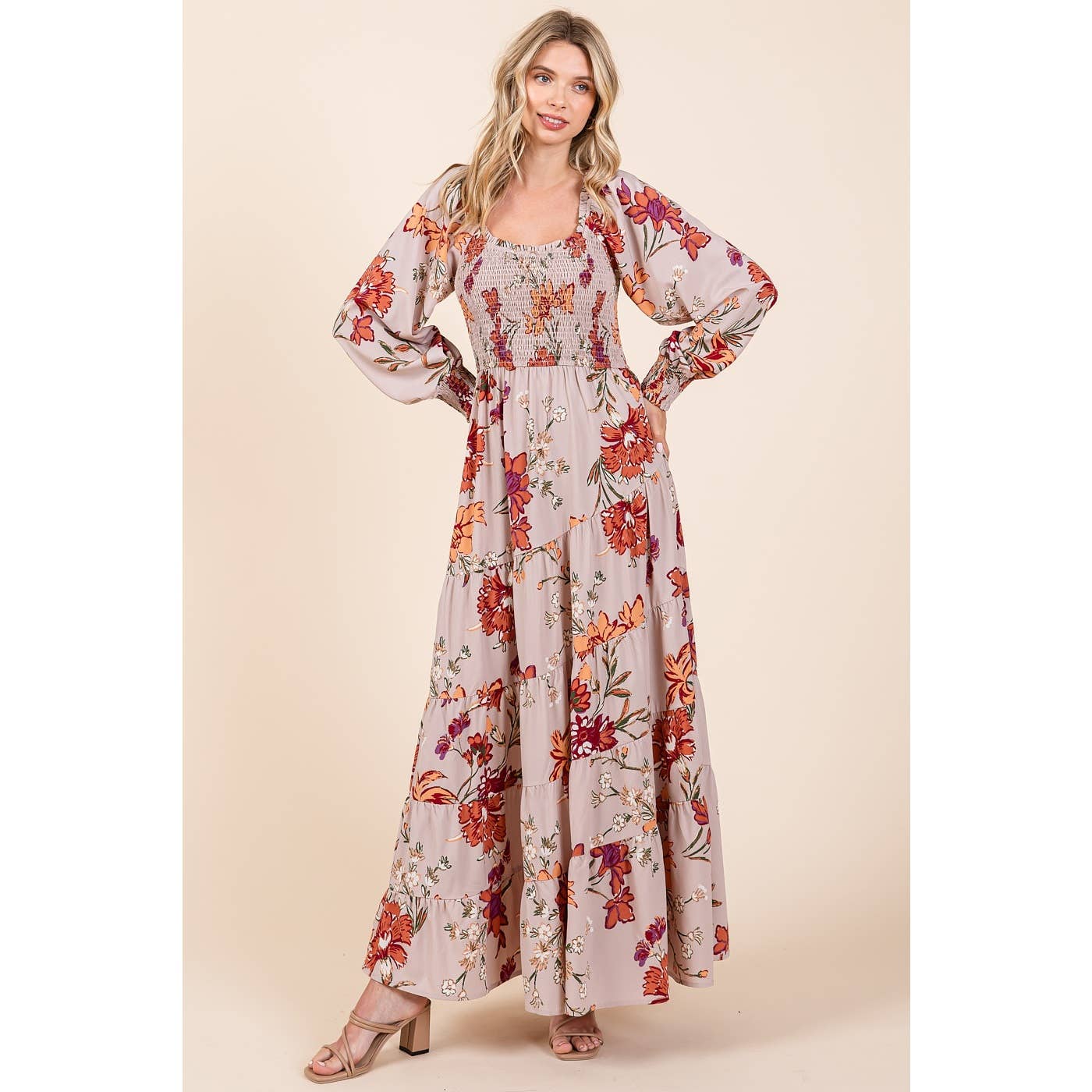 mittoshop – wholesale Dress – Women's – FLOWER PRINT SMOCKED DIAGONAL TIERED MAXI DRESS1