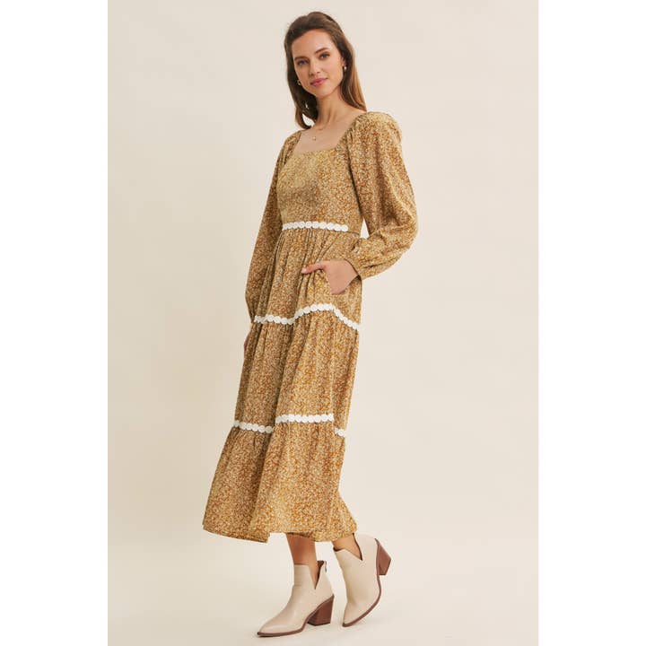 in february - Wholesale Dress - Women's - FLORAL TIERED MIDI SMOCKED DRESS WITH ROUND TRIM