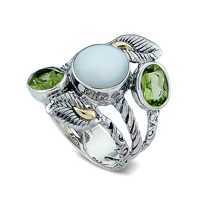 SS/18k Mother of Pearl and Peridot Ring for wholesale by Eli Pebble