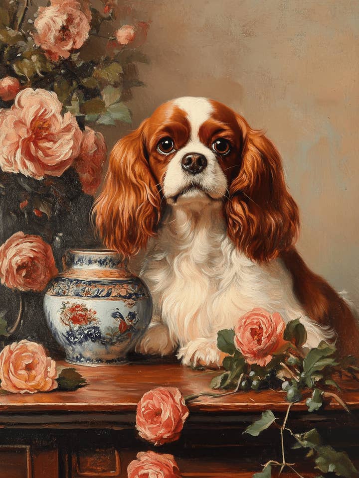 Cavalier King Charles Spaniel and Vase - Pet Dog Still Life Wall Art Prints – 8″x10″ Artwork for 11″x14″ Frame for wholesale by Mowbi