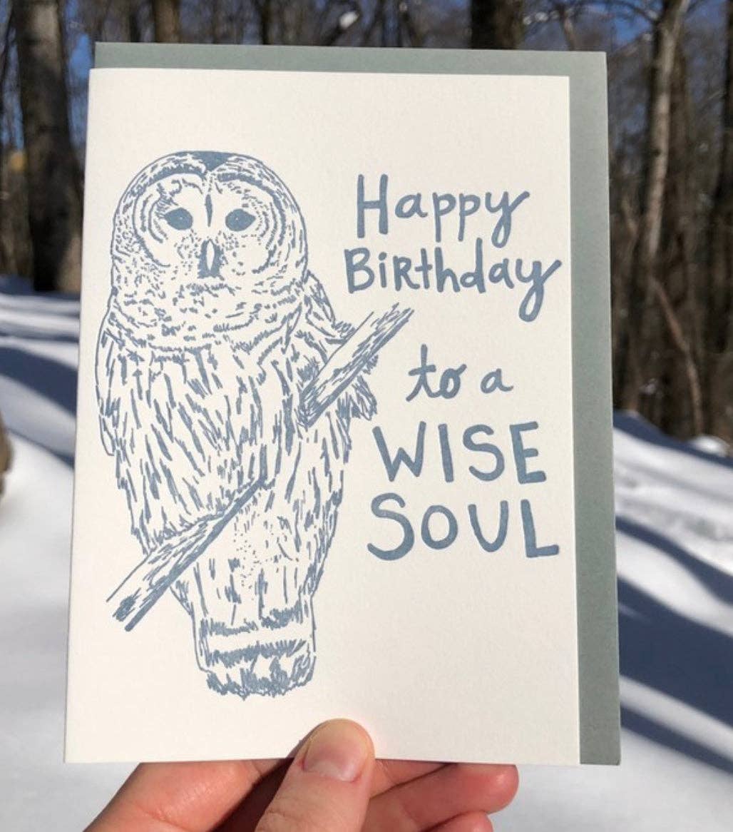 Macon York Press - Wholesale Birthday Card - Birthday Letterpress Greeting Card: Owl "Happy Birthday to a Wise Soul"1