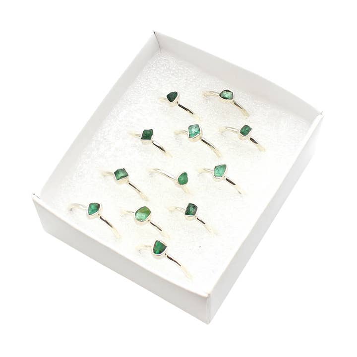 Earths Elements Wholesale - Wholesale Jewelry Set - Set of 12 Box Assorted Shaped Raw Emerald Rings
