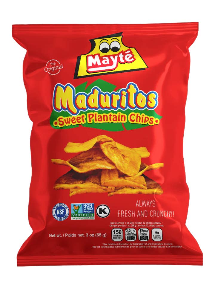 Chips de banane plantain sucrée Mayté Maduritos – Snack de bananes plantains mûres naturellement sucrées | Sans OGM, sans gluten, chips croustillantes, sachet de 85 g pour la vente par Fiesta Snacks