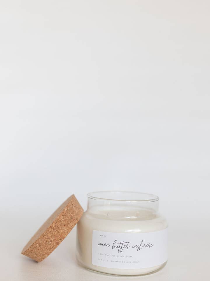 Cocoa Butter Cashmere Apothecary 10oz Candle with Lid for wholesale by Lacuna Creative Co