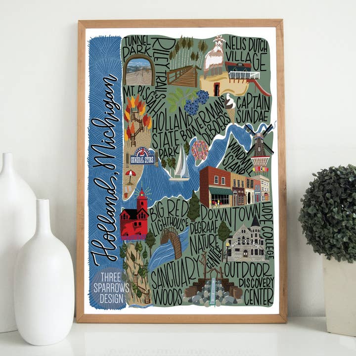 Holland Michigan Illustrated Map| Hand Illustrated City Map for wholesale by Three Sparrows Design