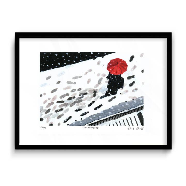 Parapluie rouge sur les traces de marche sur la neige pour la vente par Haskett Prints