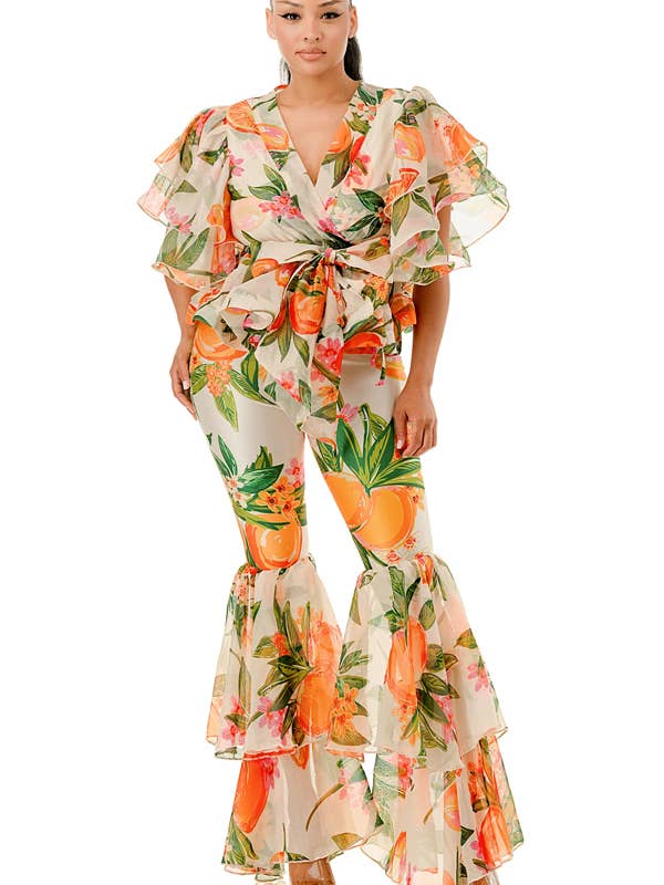 Conjunto de Blusa com Mangas Ruffles Plus e Calças Boca de Sino por atacado de J2 FASHION