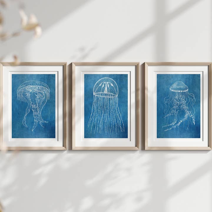 Sea Life Art Print Set - Jellyfish Octopus Decor for wholesale by Vintage Wall Graphics
