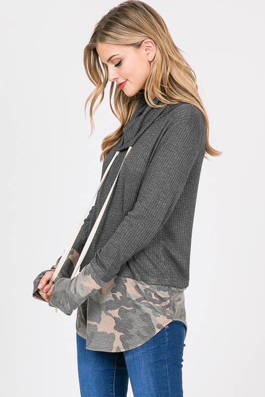 7th Ray - Wholesale Sweatshirt - Women's - Brushed Waffle Camo Contrast Thumbhole Cuff Twofer Top T204119