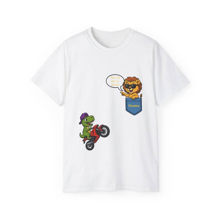Funny Dinosaur Graphic Shirt - Cartoon Moto Dino & Lion for wholesale by Paradox Designs