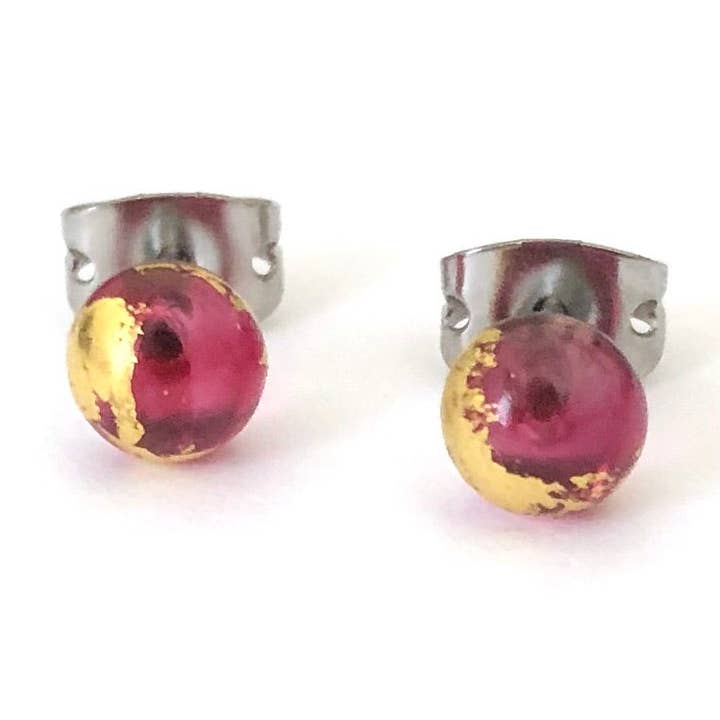 Cranberry Pink and Gold Handmade Glass Stud Earrings for wholesale by Helen Chalmers
