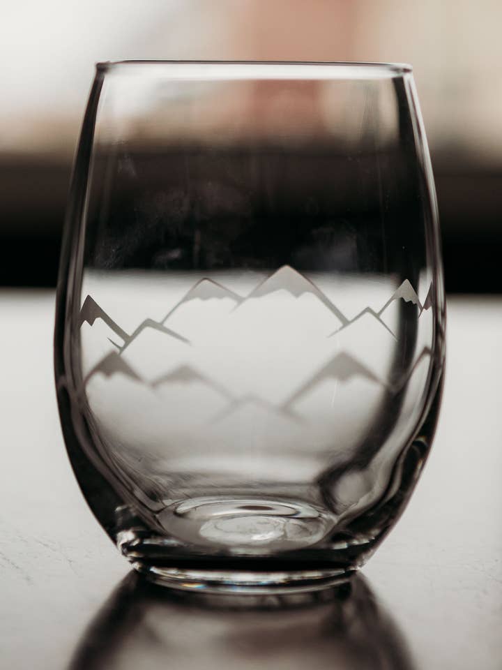 Etched Wine Glass, 12 oz stemless Wine Glass for wholesale by Lester Lou’s Designs