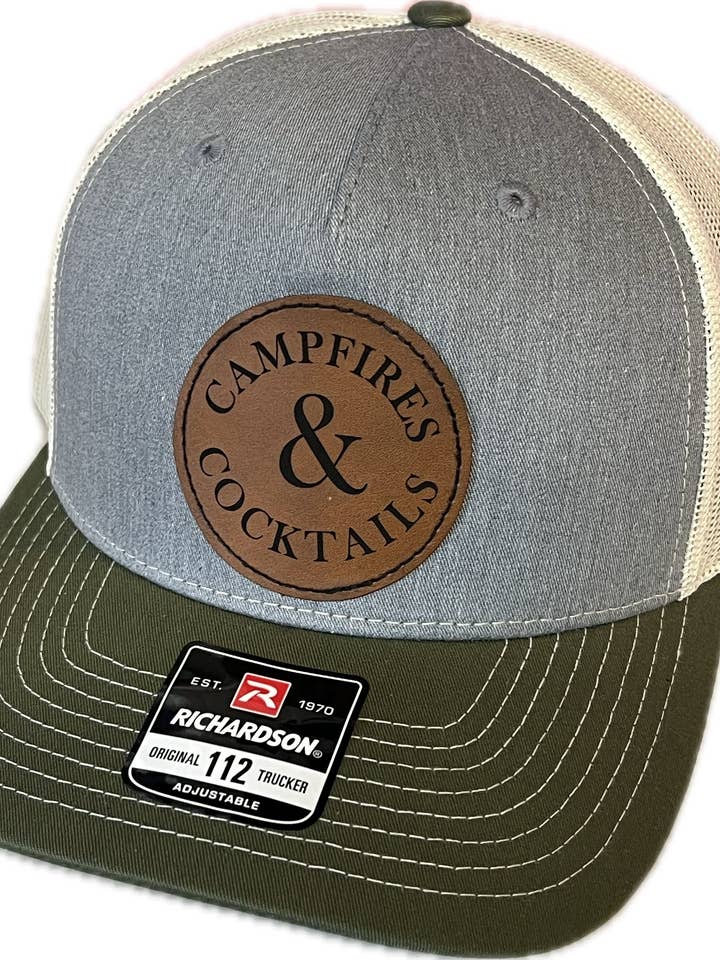 Campfires & Cocktails Leather Patch Hats for wholesale by Wildberry Waves