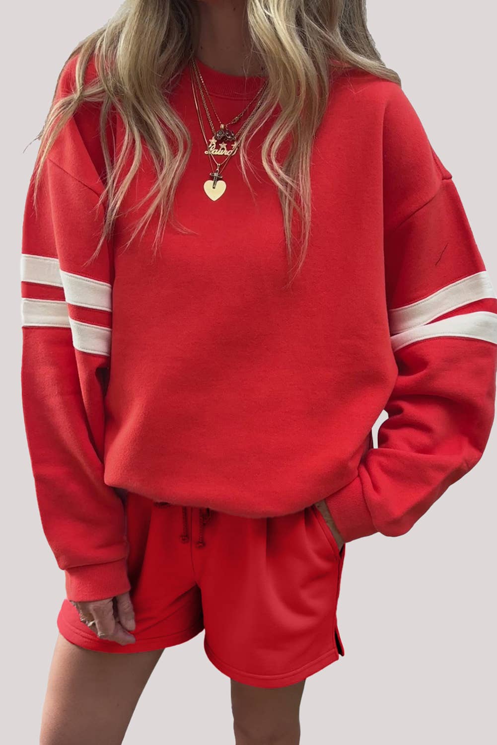 Babs + Birdie – wholesale Lounge set – Women's – Varsity Striped Sleeve Drop Shoulder Sweatshirt Short Set0
