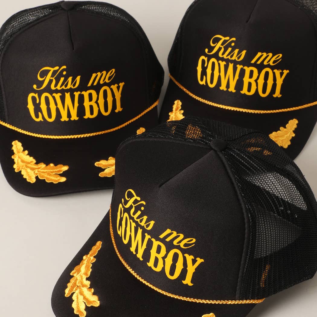 BLKGD Kiss Me Cowboy Text Foam Mesh Back Trucker Hat for wholesale on Faire0
