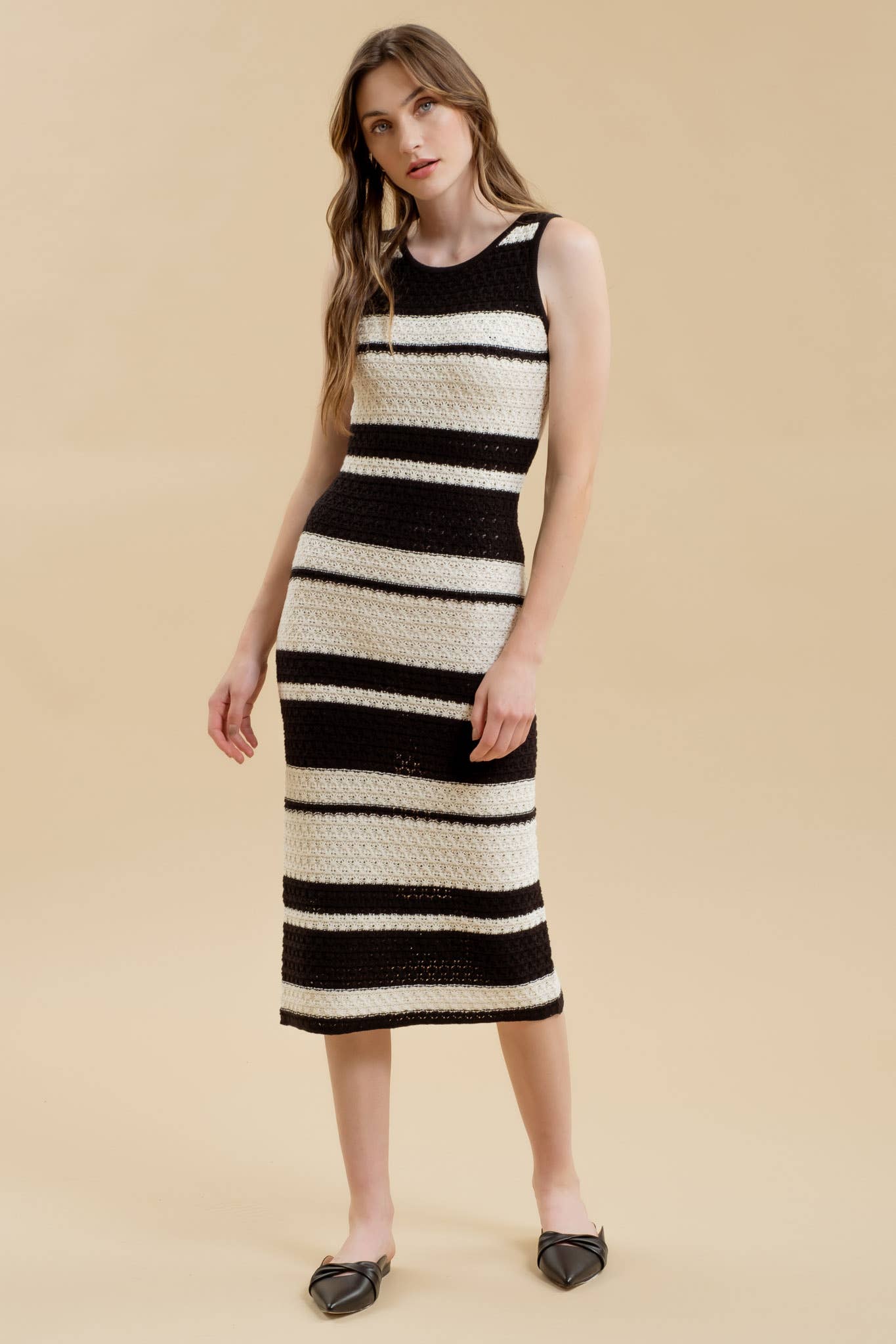 Moon River - Wholesale Dress - Women's - STRIPE SLEEVELESS CROCHET KNIT MIDI DRESS4