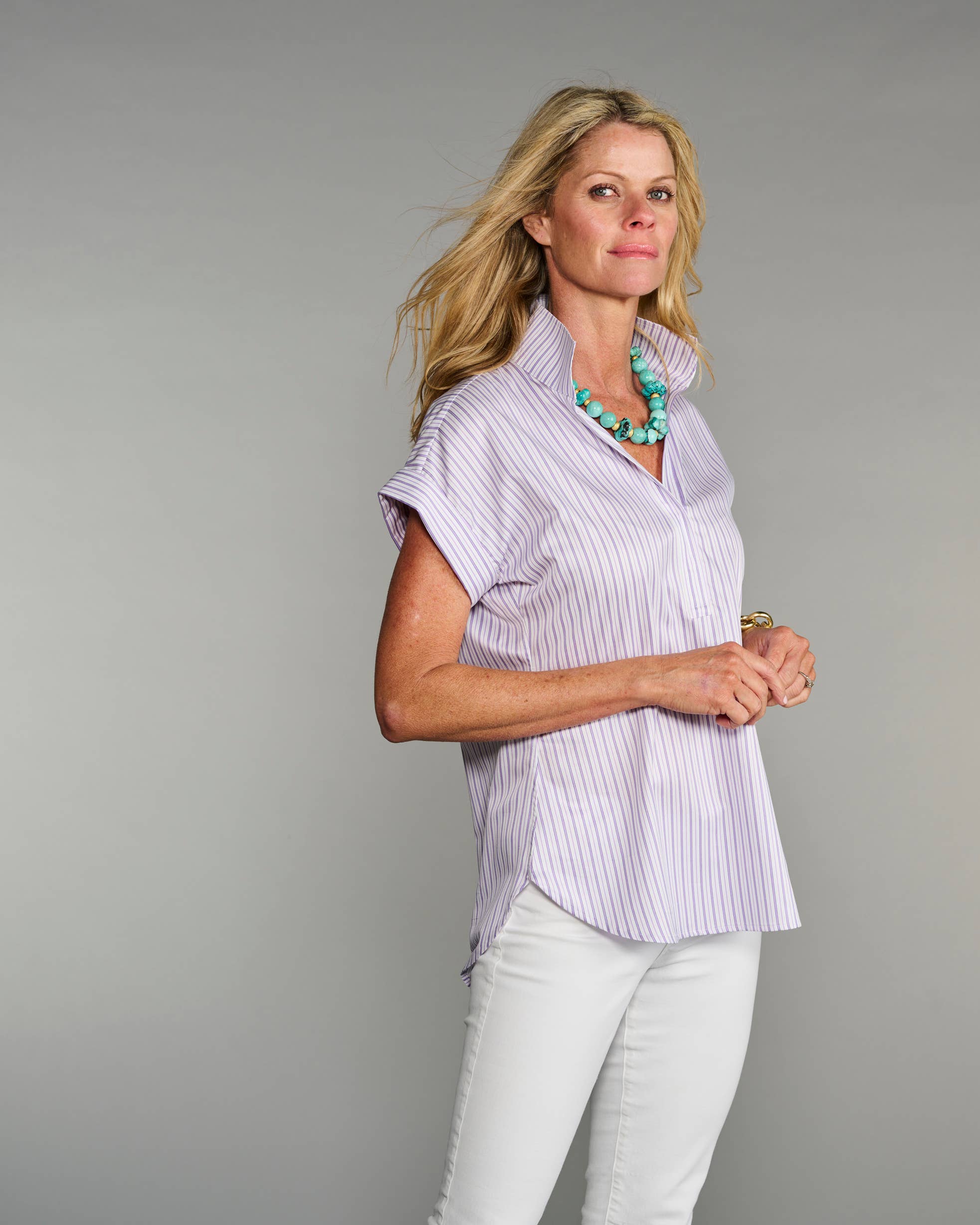 Morado La Blusa de Liga con Mangas Cap en Dúo de Rayas Lavanda de venta al por mayor en Faire0