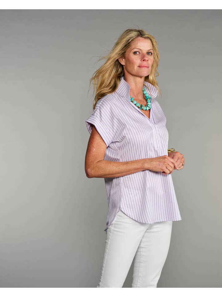 Morado La Blusa de Liga con Mangas Cap en Dúo de Rayas Lavanda de venta al por mayor en Faire