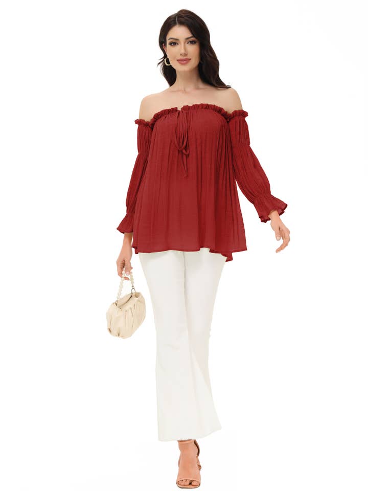 Anna Kaci Wholesale - Wholesale Blouse - Women's - Semi Sheer Boho Peasant Off the Shoulder Top56