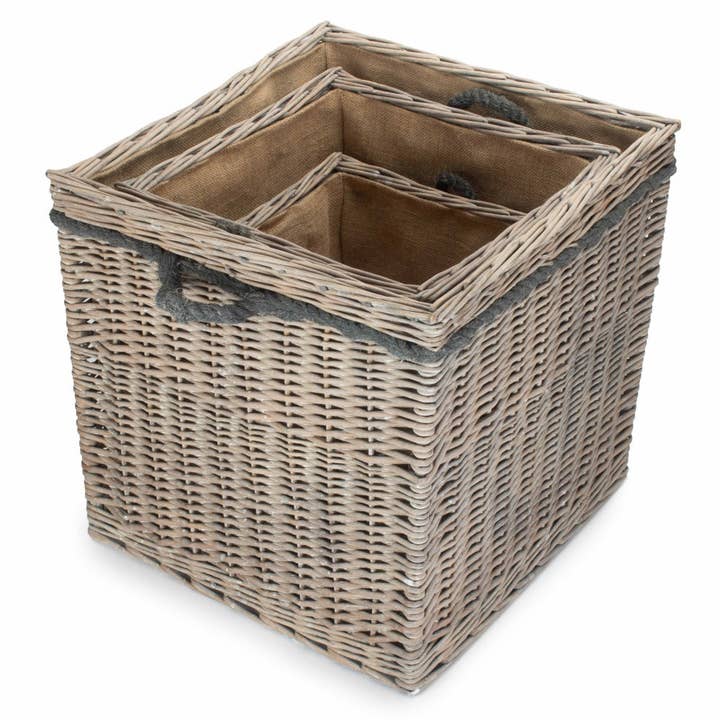 Red Hamper - Wholesale Basket - Wicker Grey Wash Square Hessian Lined Log Basket5