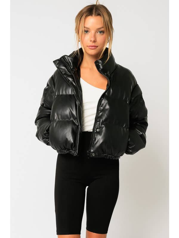 Olivaceous - Wholesale Puffer Jacket - Women's - Faux Leather Puffer Jacket