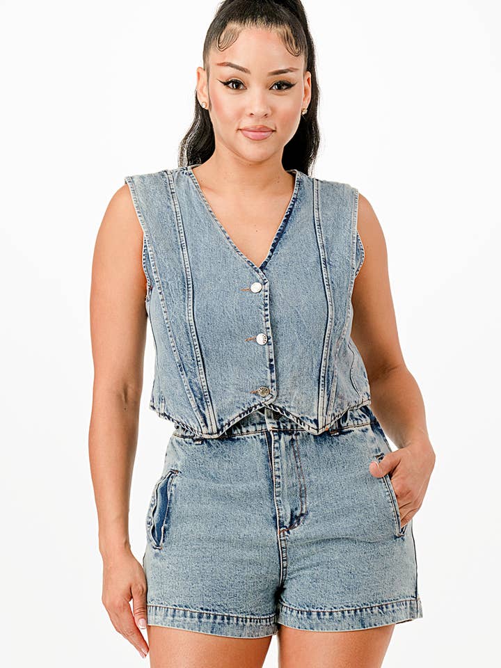 CLASSIC DENIM VEST AND SHORT PANTS SET for wholesale by Glance