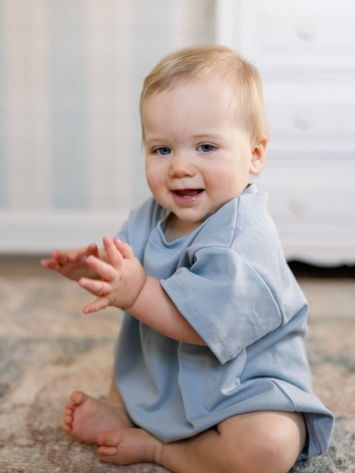 T-Shirt Romper for Babies in Slate for wholesale by Winnie + Crew