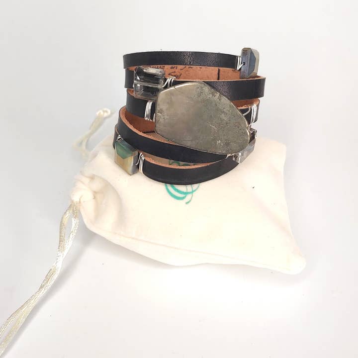 5 Band Gemstone Leather Cuff for wholesale by Beauty In Stone Jewelry