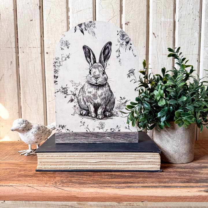Vintage Neutral Rabbit Arched Wood Sign Shelf Sitter for wholesale by WillowBee Signs & Designs