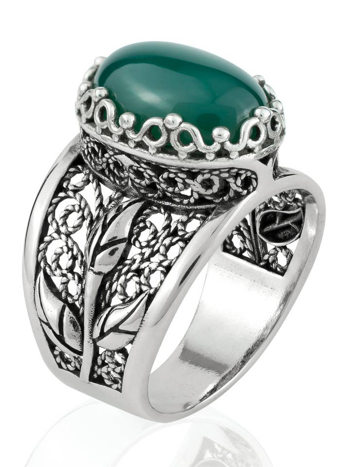 Bague à motif de tulipe en forme de filigrane en agate verte pour femme en argent sterling pour la vente par Filigranist Jewelry